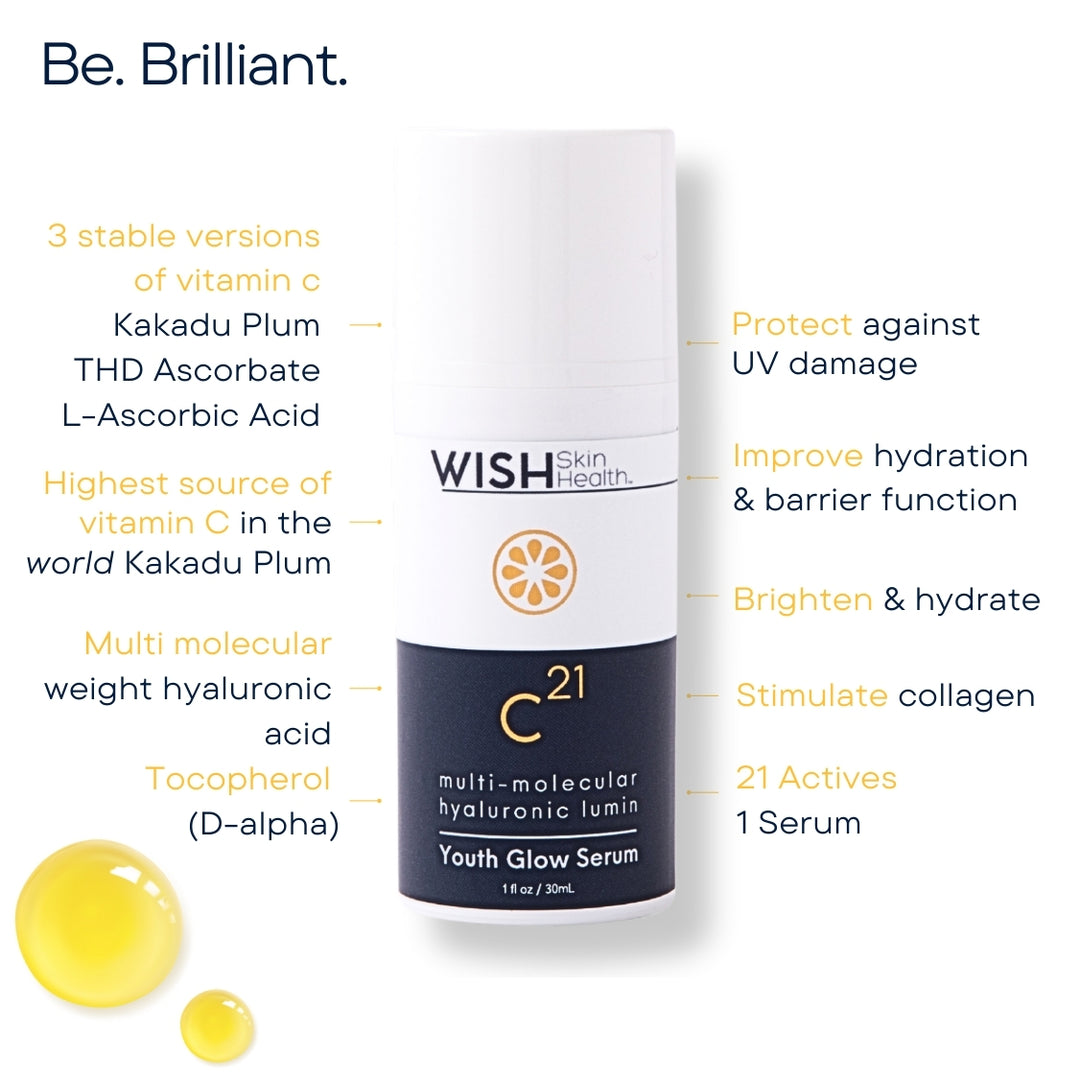 Expertly formulated with multi molecular weights of hyaluronic acid spheres, infused with a triple blend of bio available Vitamin C coupled with Vitamin E and Acetyl Heptapeptide-9.
Youth Glow provides the ultimate combination of actives with multiple modes of action for superior moisturizing and environmental protection: both immediate and long-term. With continuous usage, Youth Glow stimulates both collagen and hyaluronic acid for deeper hydration and younger-looking skin.