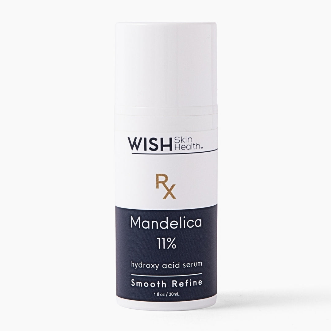 Maximum strength Mandelica ℞ ™ 11% L-Mandelic acid works on two levels, as a gentle exfoliant and as an antibacterial. As an exfoliant, it's shown to smooth fine lines and wrinkles from the skin. It's also a safer alternative to steroids and hydroquinone for the treatment of hyperpigmentation. Mandelica™ penetrates the epidermis slowly and uniformly because of its large molecular size, making it ideal for sensitive skin types and those suffering with acne, rosacea and pigmentation. It is also safe for all s
