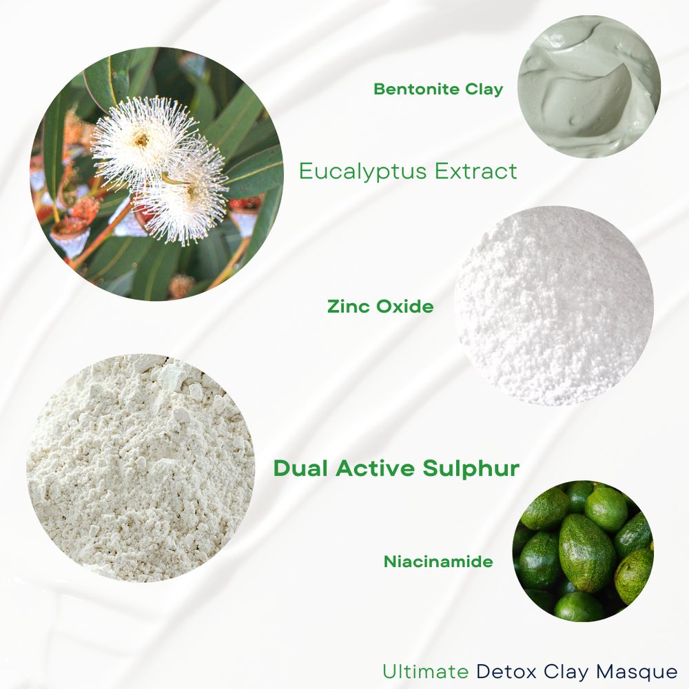 A therapeutic blend of medicinal clays deep cleans the skin while absorbing impurities and pore clogging oil. Active Sulphur kills breakout causing bacteria deep in the pore where breakouts start. Skin will glow post masque treatment.