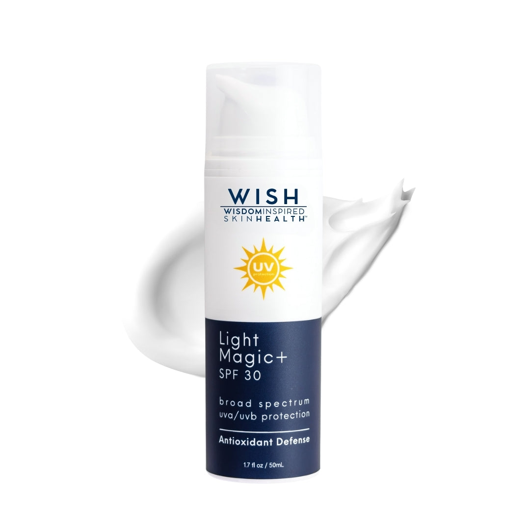 WISH Skin Health’s Light Magic+ SPF30 Sunscreen is a shine-reducing moisturizer that helps combat skin aging while minimizing damage from UV rays.