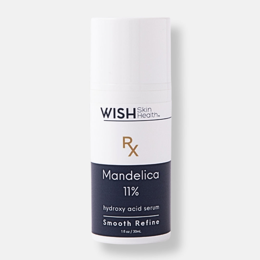 Maximum strength Mandelica ℞ ™ 11% L-Mandelic acid works on two levels, as a gentle exfoliant and as an antibacterial. As an exfoliant, it's shown to smooth fine lines and wrinkles from the skin. It's also a safer alternative to steroids and hydroquinone for the treatment of hyperpigmentation. Mandelica™ penetrates the epidermis slowly and uniformly because of its large molecular size, making it ideal for sensitive skin types and those suffering with acne, rosacea and pigmentation. It is also safe for all s