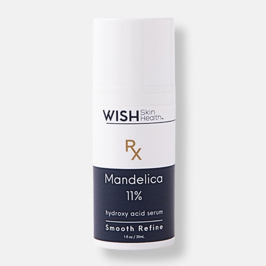 Maximum strength Mandelica ℞ ™ 11% L-Mandelic acid works on two levels, as a gentle exfoliant and as an antibacterial. As an exfoliant, it's shown to smooth fine lines and wrinkles from the skin. It's also a safer alternative to steroids and hydroquinone for the treatment of hyperpigmentation. Mandelica™ penetrates the epidermis slowly and uniformly because of its large molecular size, making it ideal for sensitive skin types and those suffering with acne, rosacea and pigmentation. It is also safe for all s